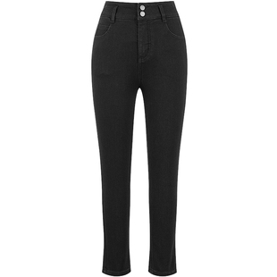 衣香丽影黑色加绒小脚牛仔裤女2025冬装新款高腰修身铅笔裤长裤子