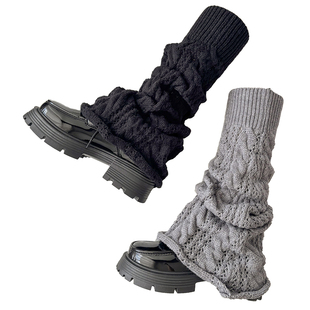 袜套堆堆袜子女灰色春秋冬季镂空日系针织喇叭型袜筒长筒保暖腿套