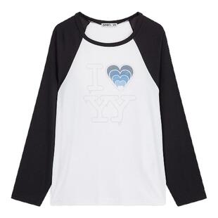 OPEN YY 26春夏新款女士时尚百搭拼色印花圆领长袖T恤银泰百货