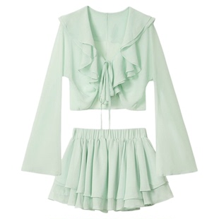 AZZHEN【氧气防晒】 夏日荷叶边雪纺喇叭袖防晒上衣半裙套装女