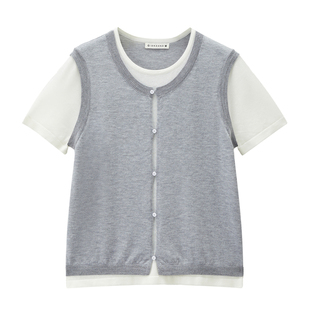 设计师款佐丹奴2026年夏撞色假两件圆领短袖羊毛针织衫女18356506