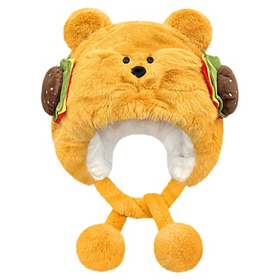 可爱汉堡小熊毛绒帽子女秋冬保暖