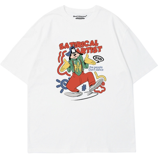 vintage美式高校复古风宽松卡通印花ins小众正肩纯棉短袖t恤上衣