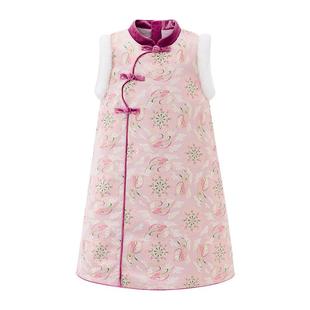 Little Naive儿童中式夹棉背心裙冬季盘扣提花裙子女童国风连衣裙