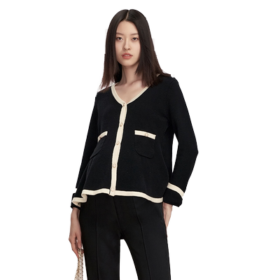 小香风撞色v领散摆毛衣开衫