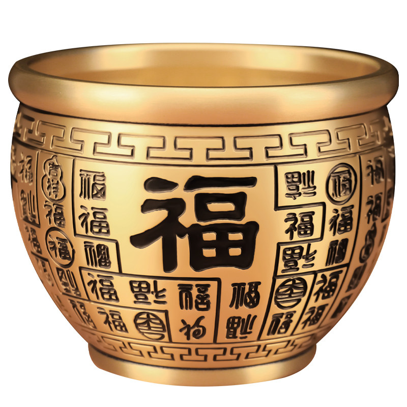 【】百福缸黄铜米缸开业礼品招财聚宝盆纯铜客厅存钱罐摆件