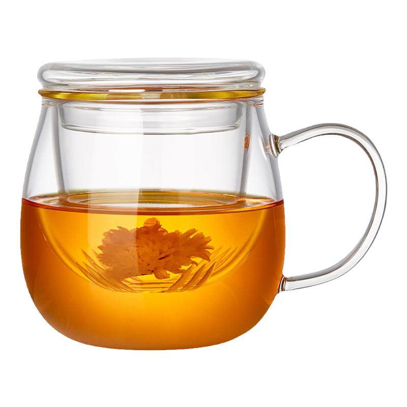 玻璃杯带把手家用耐高温加厚高硼硅茶水分离带盖办公花茶泡茶杯子