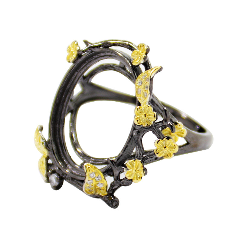 s925纯银戒指空托时尚女款意大利风格黑金色DIY蜜蜡松石镶嵌15*20