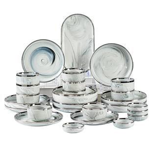 碗家用2025新款高级感碗碟套装碗具碗筷碗盘套装银边餐具盘子菜盘