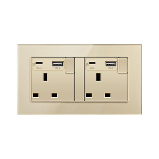 港澳国际通用多功能/英标带USB-C快充18W墙插开关暗装金色玻璃