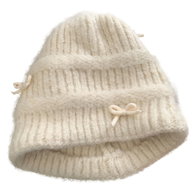 白色蝴蝶结毛绒针织帽秋冬显脸小