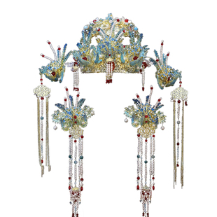 尹霞饰品新款中式新娘头饰秀禾凤冠汉服发冠流苏步摇凤钗蓝色高级