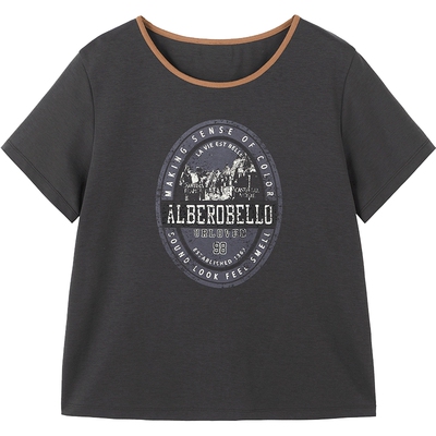 有兰炭灰圆领印花烫钻短袖T恤