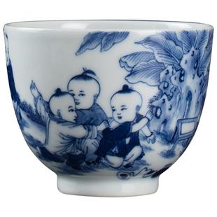 钟家窑主人杯单杯 景德镇手绘青花柴窑人物童子杯陶瓷功夫小茶杯