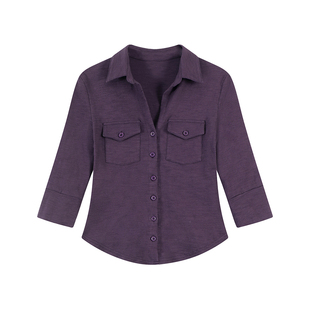 愉悦喻悦紫色短款短袖衬衫女夏季气质收腰修身高级设计感通勤上衣