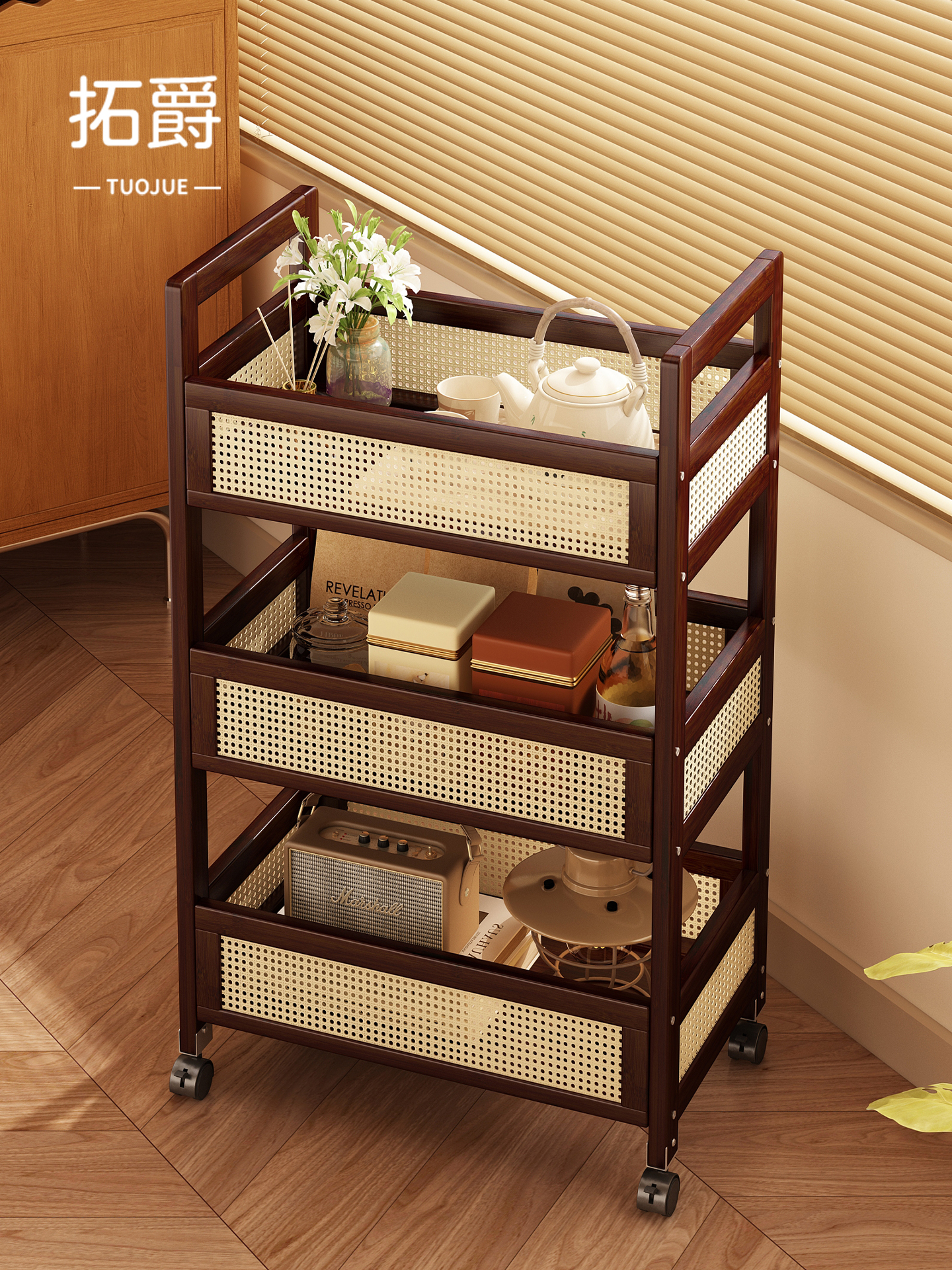 中古风小推车置物架家用可移动沙发边几小户型落地式多层储物架子