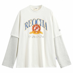 REOCHA热呈春秋纯棉275g破损印花做旧复古国潮假两件长袖T恤男