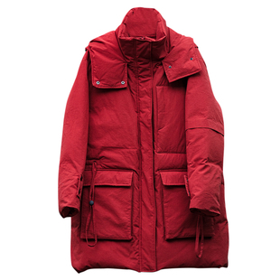 95大朵白鹅绒进口面料红色棉布连帽大口袋加厚羽绒服