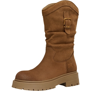 天美意厚底增高复古西部靴堆堆靴女鞋加绒短靴2025冬新款CQ964DS5