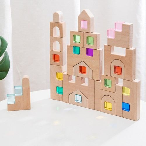 木质童话镇积木城堡幼儿园亚克力积木玩具搭益智透光拼光影构建