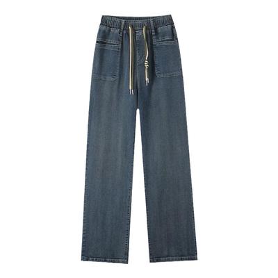 加绒松紧腰牛仔裤女秋冬款