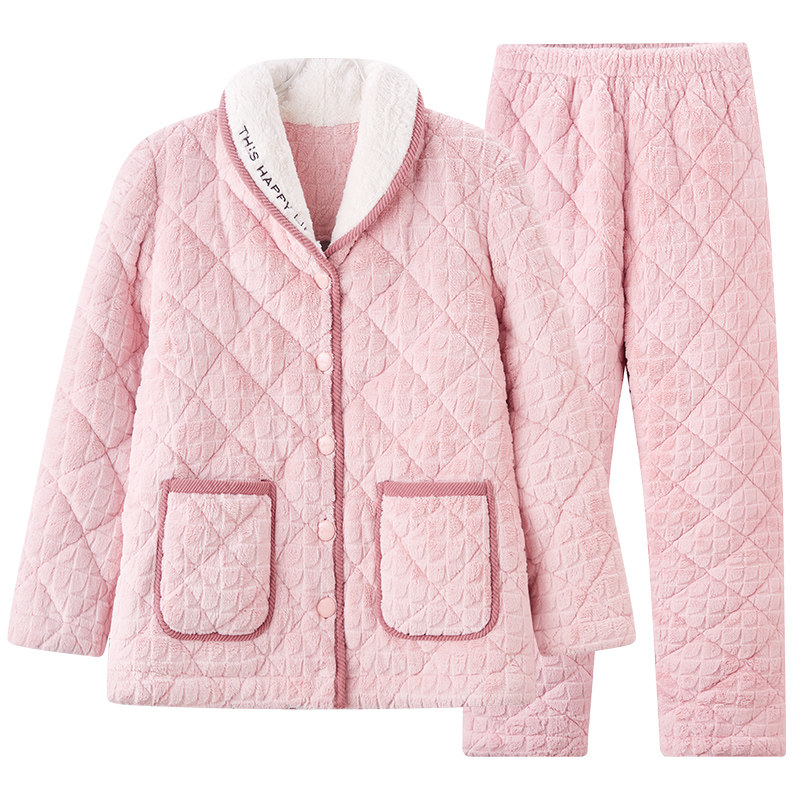 玛伦萨珊瑚绒夹棉睡衣女冬季保暖加绒加厚抗静电女家居服套装大码