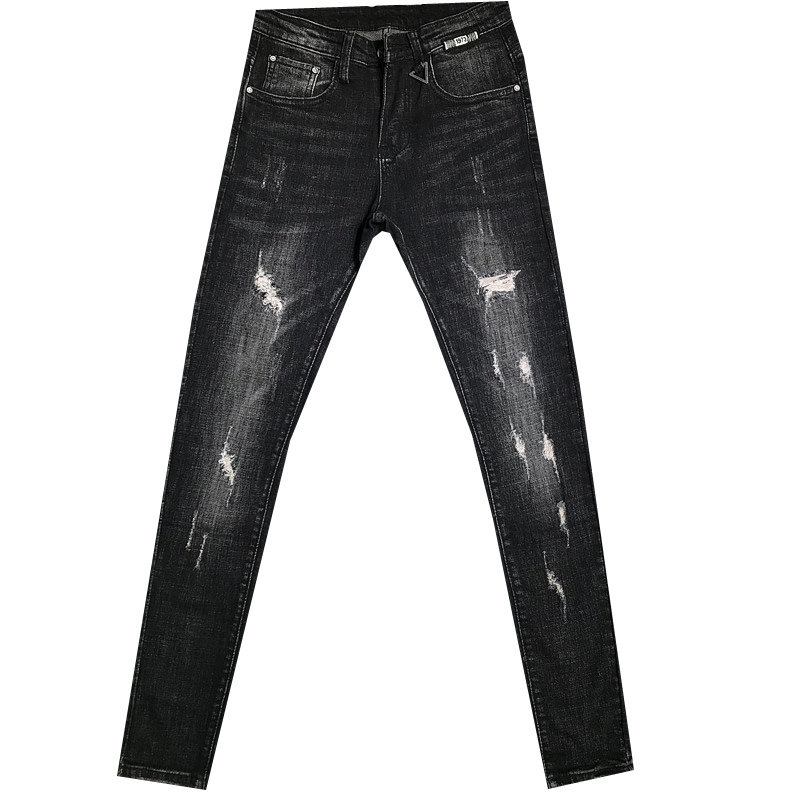 潮男秋冬新韩修身复古黑破洞小脚牛仔裤男长社会精神小伙快手网红