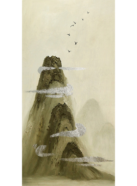 纯手工新中式贴银箔玄关油画