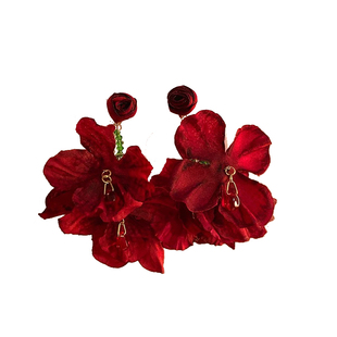 新中式红色玫瑰花朵流苏耳环个性夸张高级感耳钉耳坠古风旗袍配饰