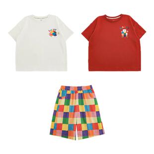 幼悠男童T恤2026夏季新款卡通圆领短袖上衣彩色格子短裤休闲套装