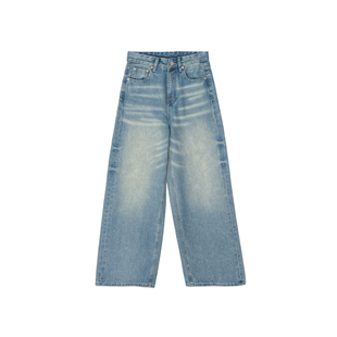 一眼爱上！~重工猫须水洗阔腿牛仔裤女2026早春新款宽松直筒长裤