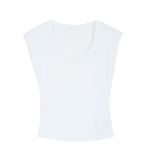 NEVA HU 白色桃心领短袖t恤女紧身大v领小飞袖短款修身气质上衣