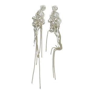 甜美白色溪流静息流苏珍珠长款气质耳环轻奢高级感时尚耳饰女耳夹