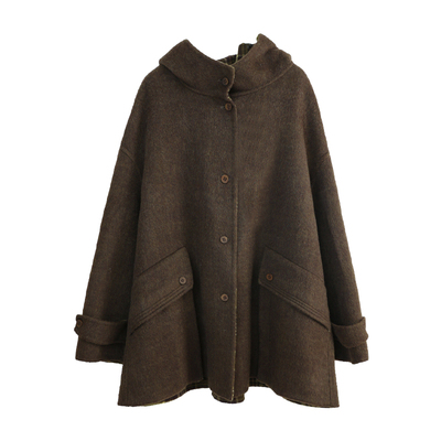 花吉焙茶绿格纹连帽双面呢大衣