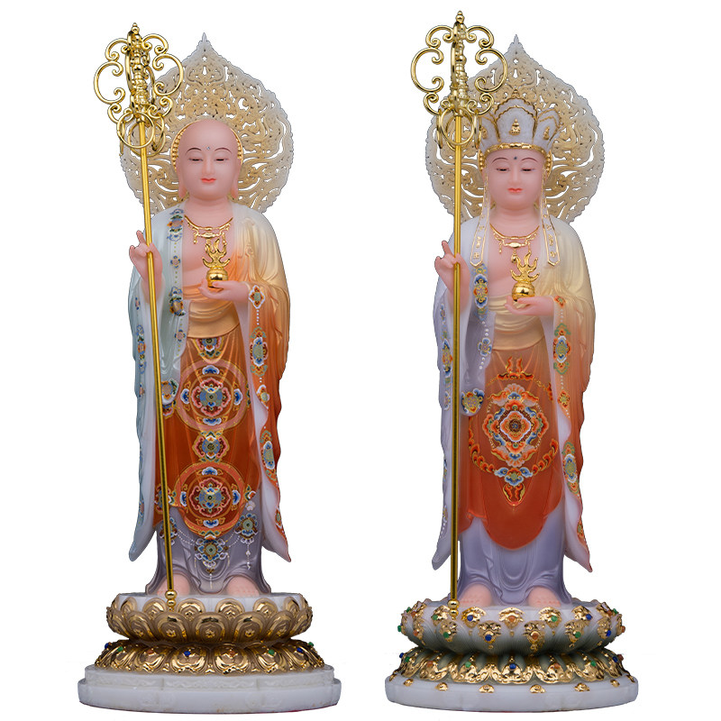 汉白玉站地藏王佛像带帽法杖供奉