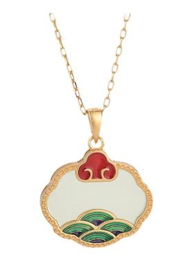 宫廷设计复古法鎏金镶嵌仿新疆和田玉珐琅平面如意锁玉石吊坠挂件