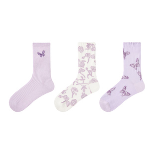 文艺复兴25年秋季袜子女紫色堆堆袜立体蝴蝶透气棉袜复古风中筒袜