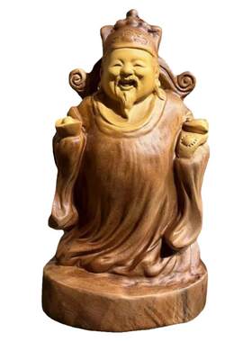 香樟木财神爷摆件家用木雕神像文财神实木雕刻店铺公司开业送礼品