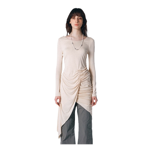 SCULPTOR不对称褶皱纯色性感露背连衣裙长袖女长裙