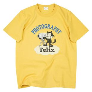 重磅纯棉短袖t恤男复古印花圆领宽松男士橙黄打底衫少年感穿搭INS