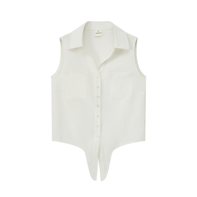 天丝混纺无袖短款系带马甲衬衫女