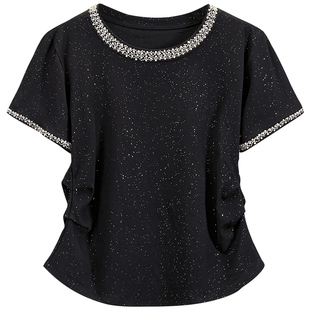 她池短袖T恤2026夏装新款女装时尚通勤圆领捏褶收腰撞色短款上衣