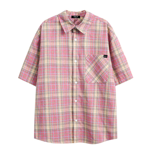 it：fivecm格子衬衫短袖男款休闲时尚粉色毛边少年感中性夏季外套
