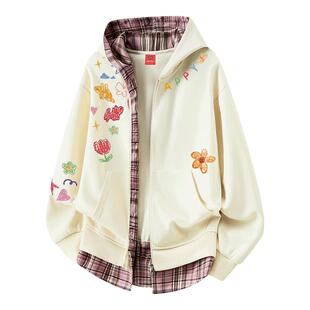 查尔斯桃心假两件格子卡通涂鸦开衫连帽卫衣男女秋冬加绒休闲外套