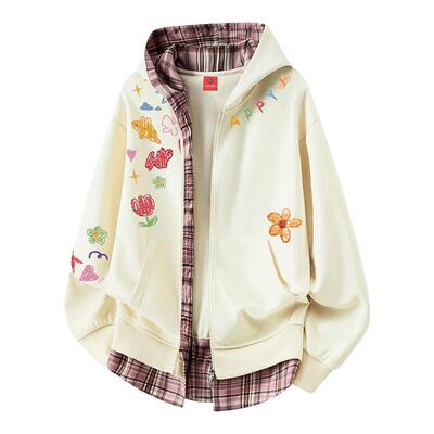 查尔斯桃心格子涂鸦开衫连帽卫衣