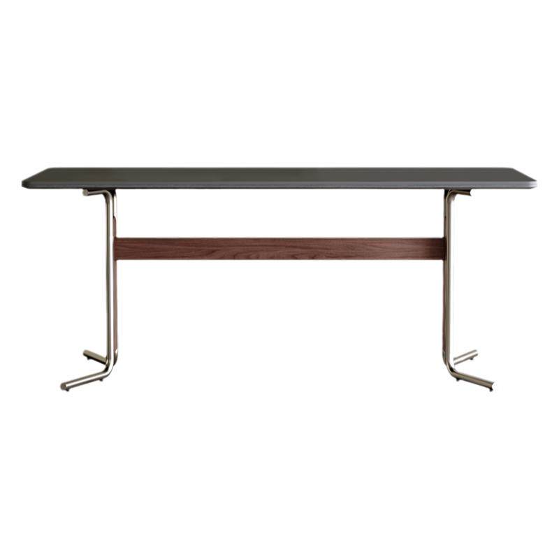 复古岩板餐桌黑色家用小户型现代简约全托中古风实木不锈钢脚餐桌