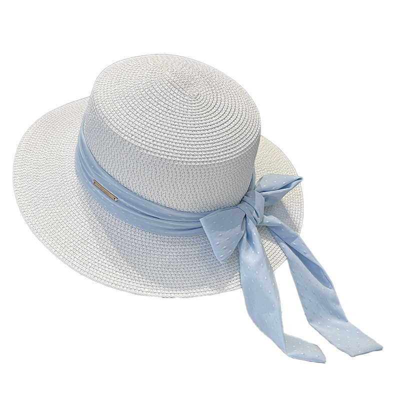 女夏季蝴蝶结平顶遮阳草帽沙滩