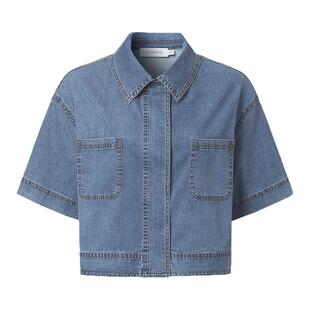 VGRASS维格娜丝夏季新款时尚短款棉感牛仔衬衫短袖外套上衣女