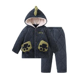 小恐龙儿童睡衣冬季加厚款男童珊瑚绒男孩三层夹棉冬款加绒家居服