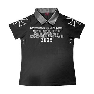 DETW 25ss*《20ERA》原创暗黑标语拼接PU皮POLO衫正肩修身短袖Tee